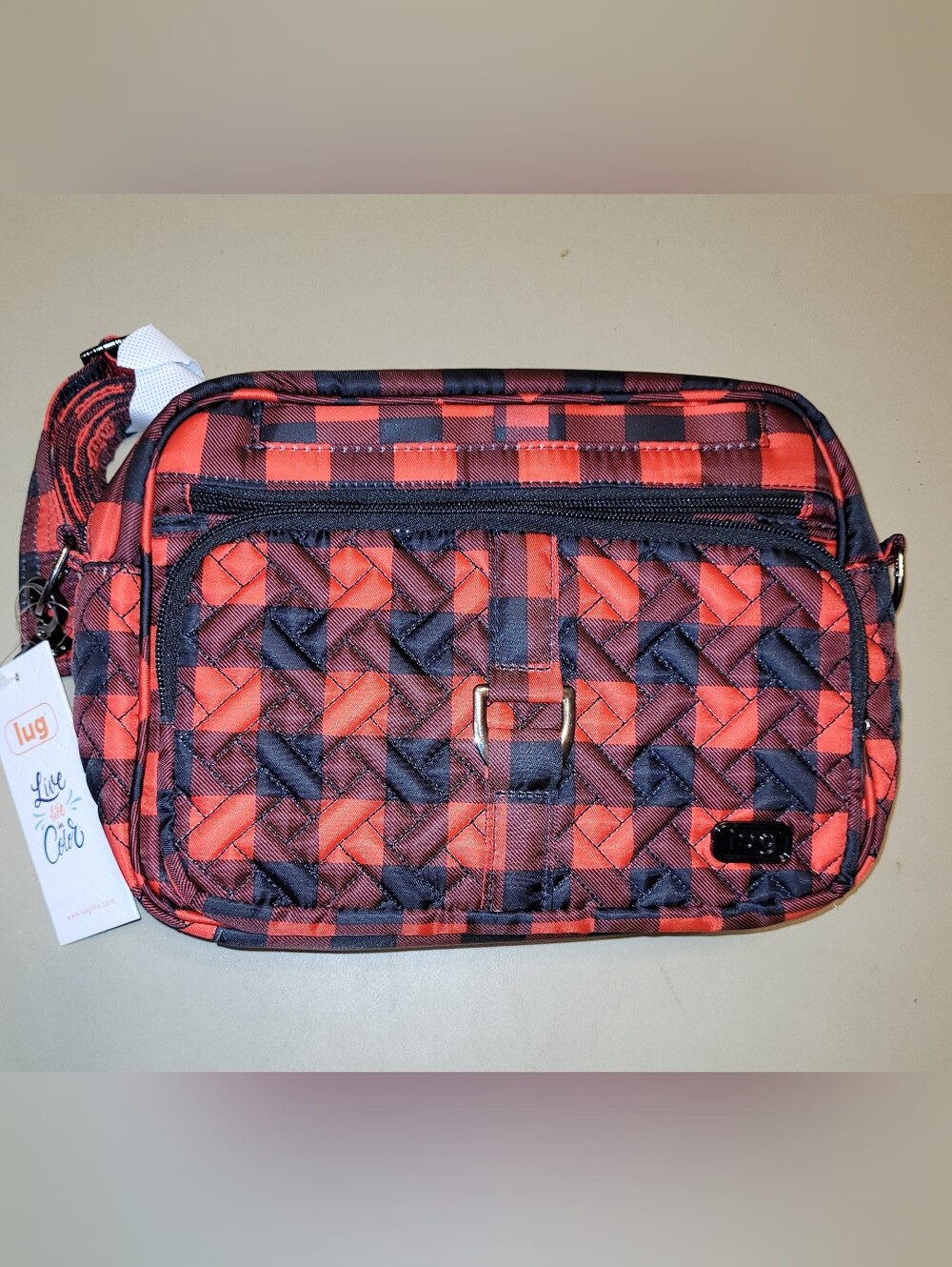 NWT - lug Carousel XL Red and Black Buffalo Check Pattern Quilted Crossbody.